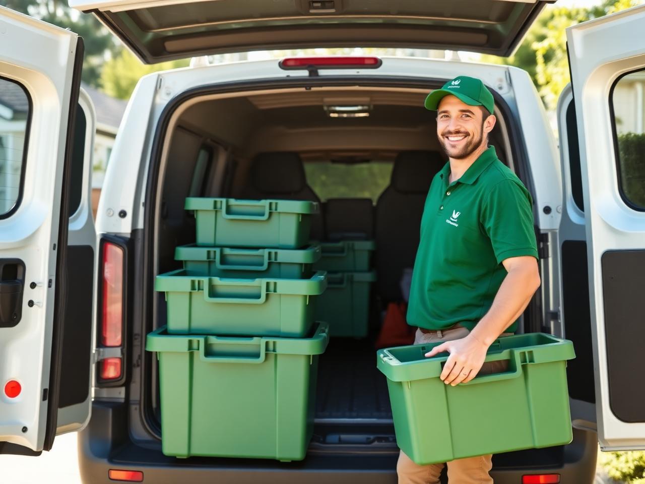 Delivery driver unloading totes